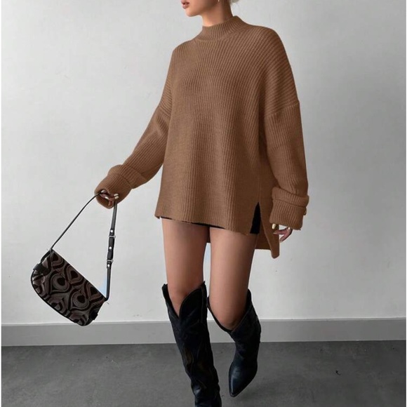 Cozy Mock High Neck Long Sleeve Slit Hi Low Hem Knit Sweater - Picture 5 of 13